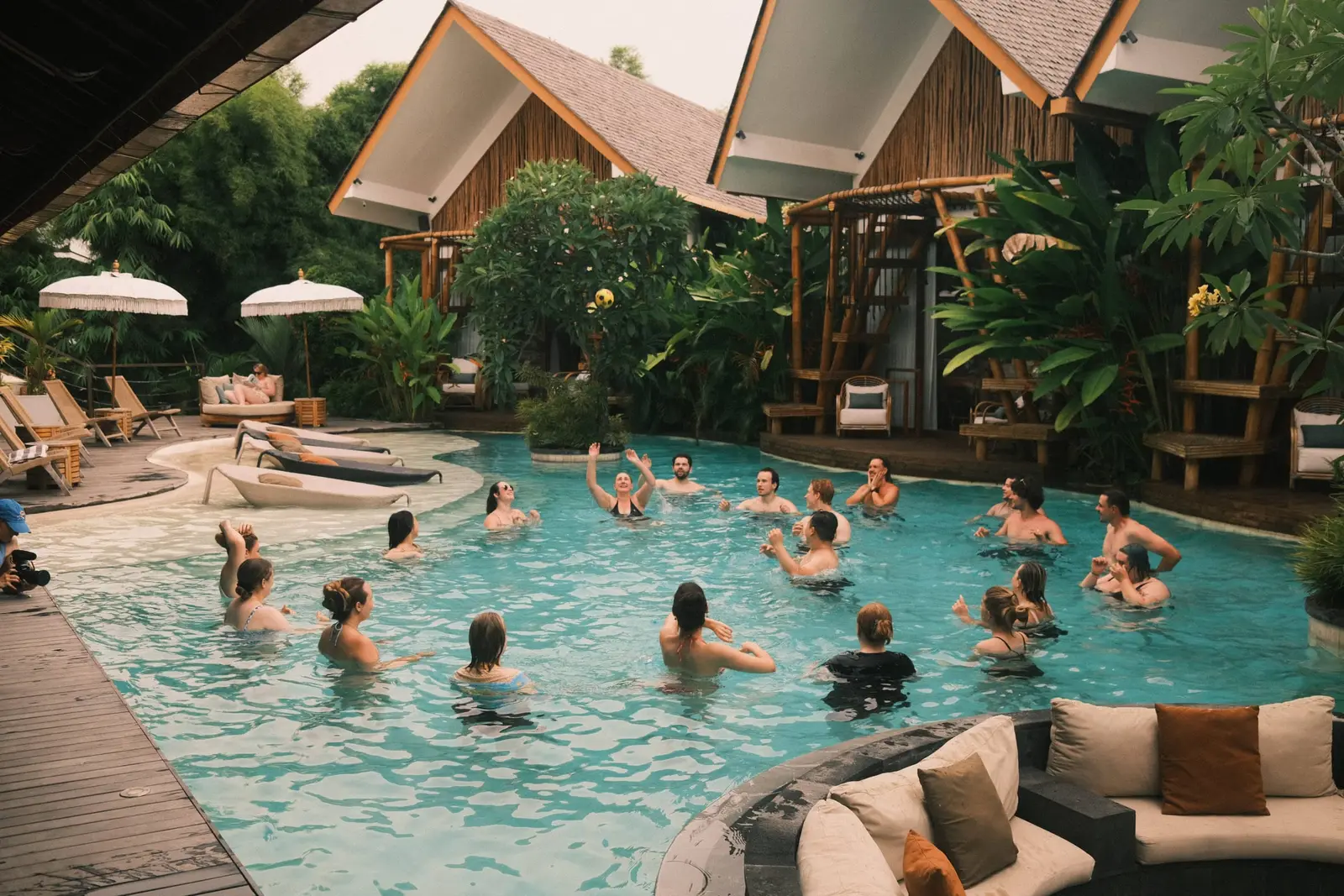 Business owners in the villa pool, Driven Young retreat